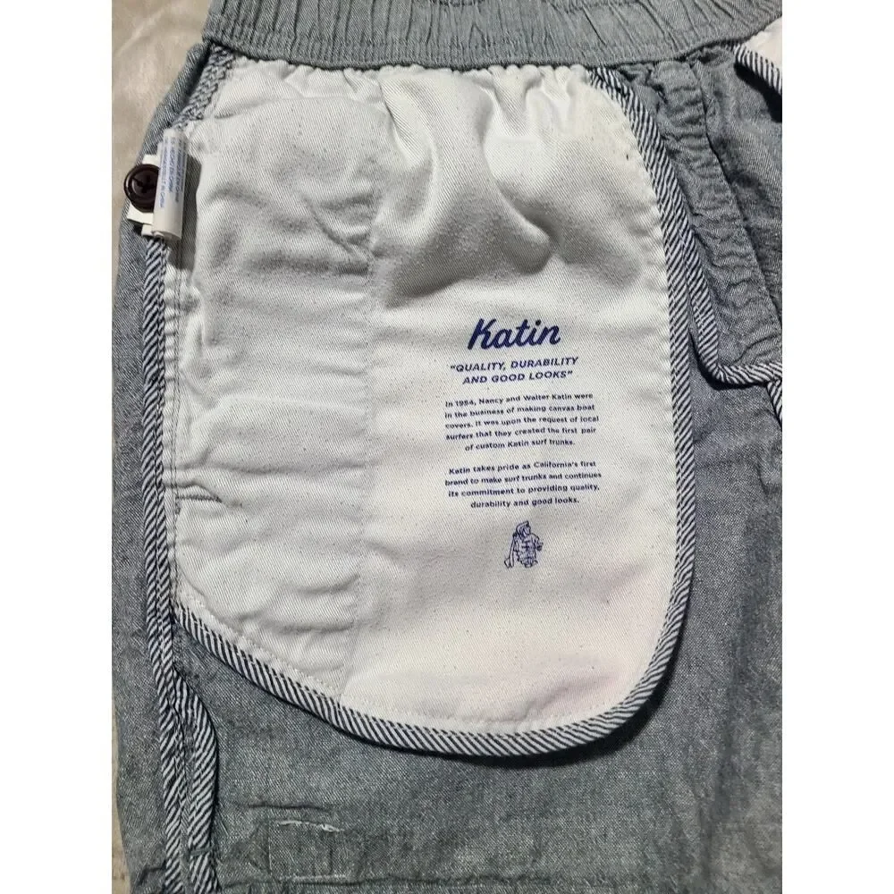 Katin Mens Elastic Waist Shorts Gray Blue Cotton Linen Drawstring Beach XS